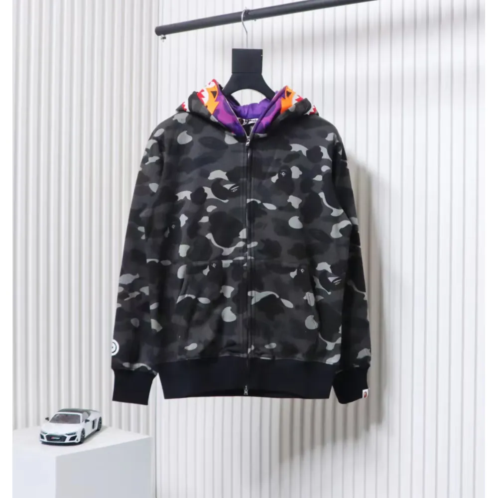 EM Sneakers BAPE Shark Head Tiger Head Zipper Camouflage Double Hooded Dark Gray