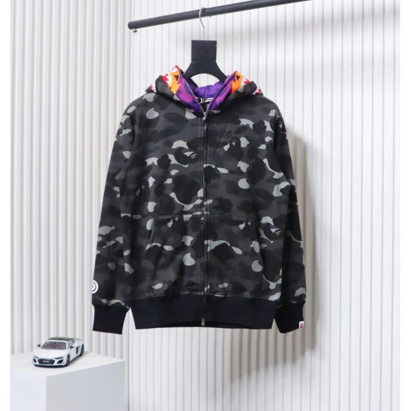 EM Sneakers BAPE Shark Head Tiger Head Zipper Camouflage Double Hooded Dark Gray