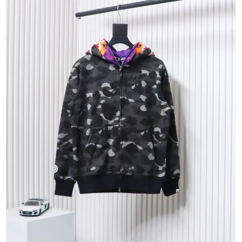 EM Sneakers BAPE Shark Head Tiger Head Zipper Camouflage Double Hooded Dark Gray