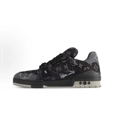 EM Sneakers Louis Vuitton Trainer Sneaker Black Grey Denim Monogram 01