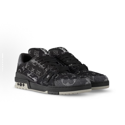 EM Sneakers Louis Vuitton Trainer Sneaker Black Grey Denim Monogram 02