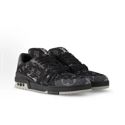 EM Sneakers Louis Vuitton Trainer Sneaker Black Grey Denim Monogram 02