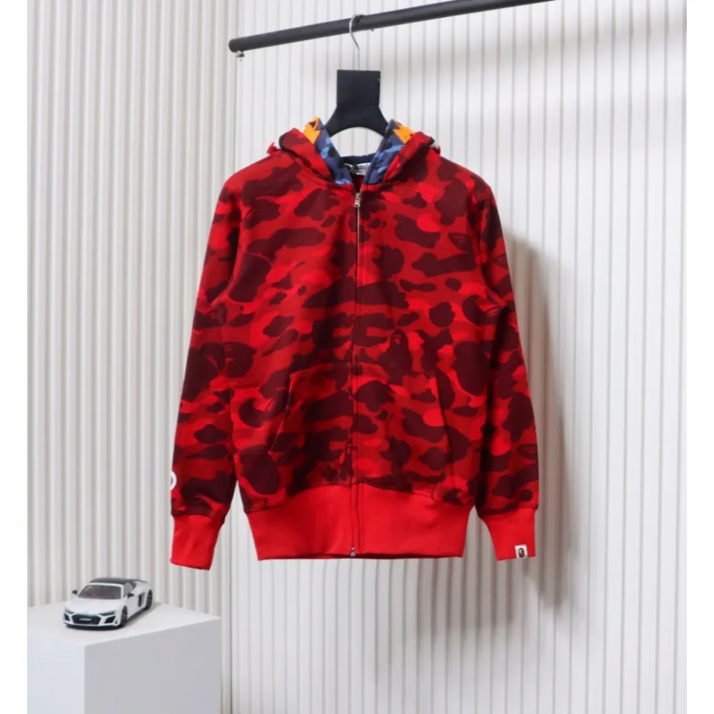 EM Sneakers BAPE Shark Head Tiger Head Zipper Camouflage Double Hooded Hoodie Red