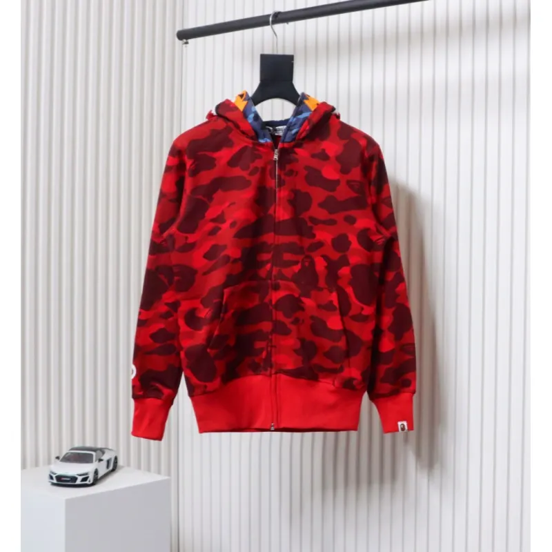 EM Sneakers BAPE Shark Head Tiger Head Zipper Camouflage Double Hooded Hoodie Red