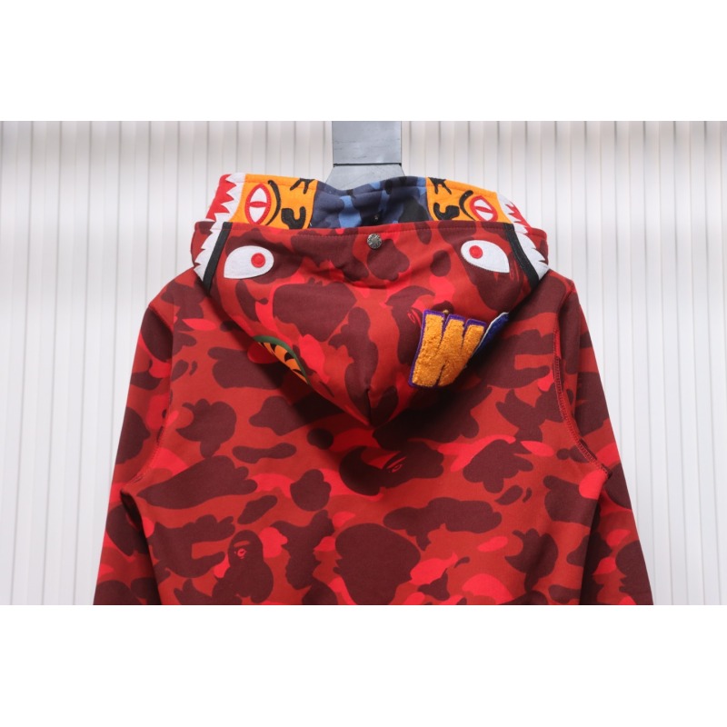 EM Sneakers BAPE Shark Head Tiger Head Zipper Camouflage Double Hooded Hoodie Red
