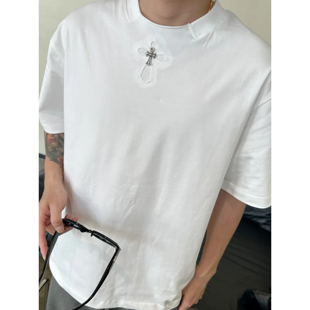 EM Sneakers Chrome Hearts 25ss cut-out Patchwork with Silver Cross Embroidery T-shirt White