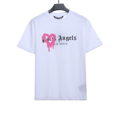 EM Sneakers Palm Angels T-shirt Pink Heart Spray Paint Print White 01