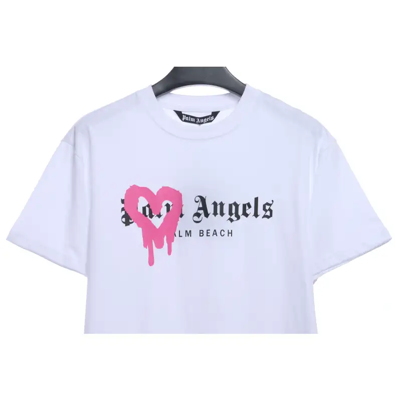EM Sneakers Palm Angels T-shirt Pink Heart Spray Paint Print White