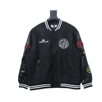 EM Sneakers Stone Island Stitching PU Leather and Cotton Baseball Jacket Black 01