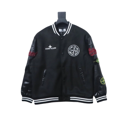 EM Sneakers Stone Island Stitching PU Leather and Cotton Baseball Jacket Black 01