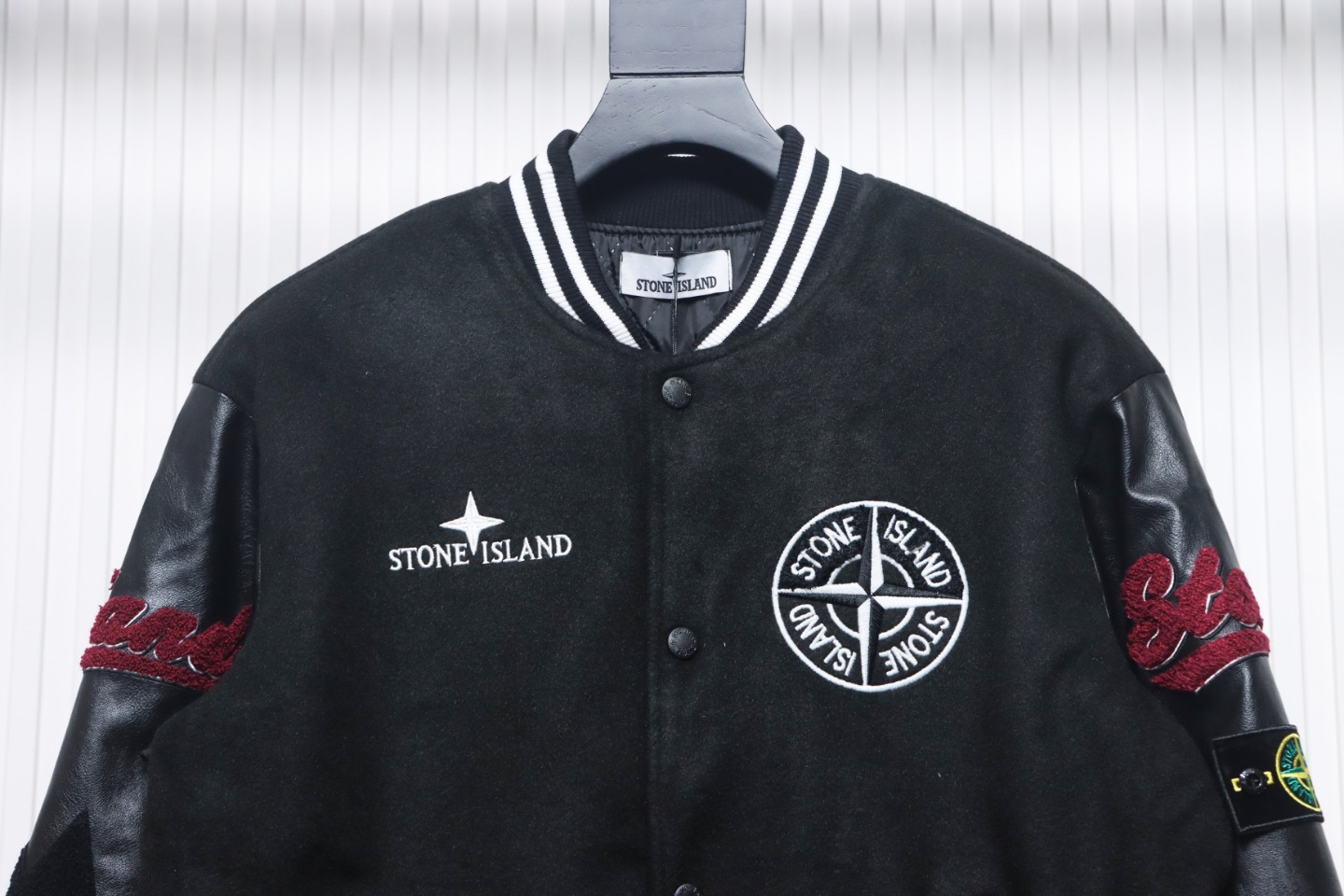 EM Sneakers Stone Island Stitching PU Leather and Cotton Baseball Jacket Black