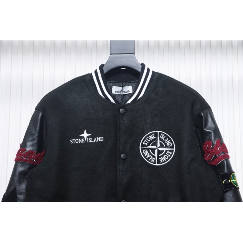EM Sneakers Stone Island Stitching PU Leather and Cotton Baseball Jacket Black