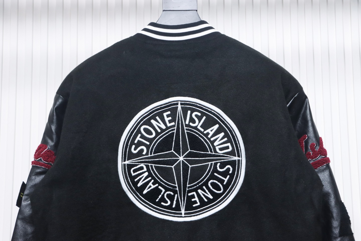 EM Sneakers Stone Island Stitching PU Leather and Cotton Baseball Jacket Black