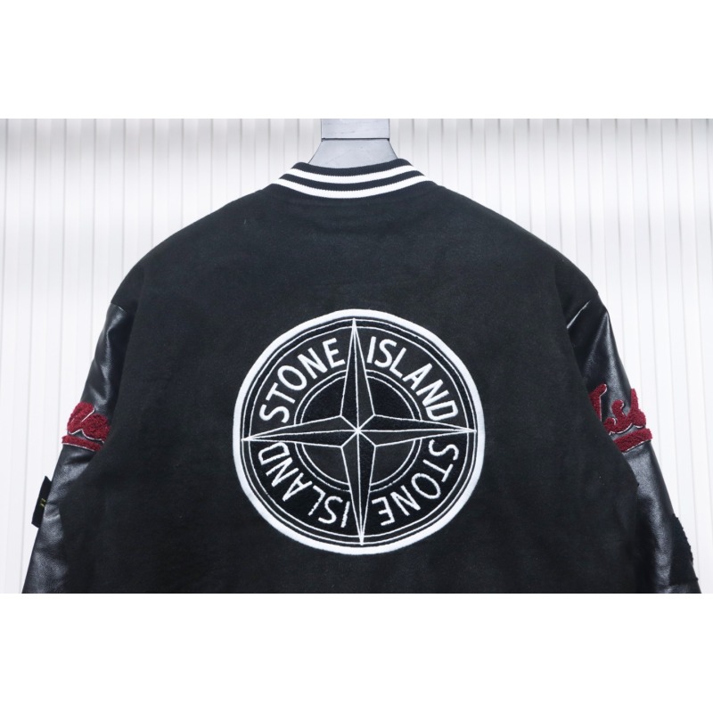 EM Sneakers Stone Island Stitching PU Leather and Cotton Baseball Jacket Black