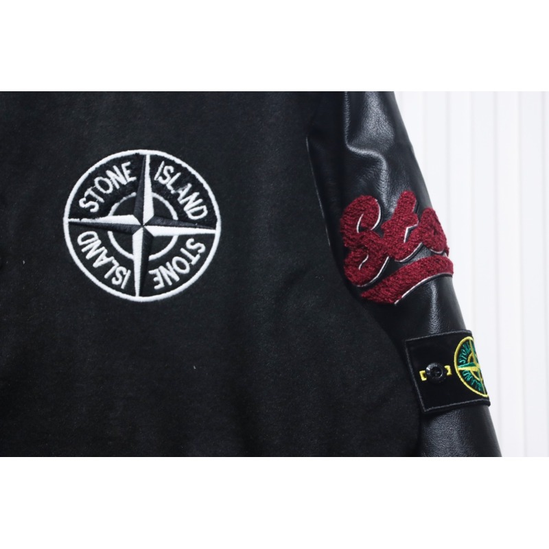 EM Sneakers Stone Island Stitching PU Leather and Cotton Baseball Jacket Black