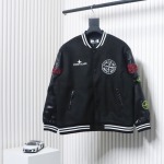 EM Sneakers Stone Island Stitching PU Leather and Cotton Baseball Jacket Black