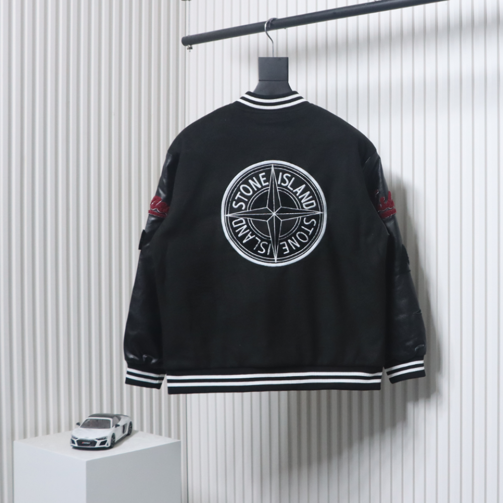 EM Sneakers Stone Island Stitching PU Leather and Cotton Baseball Jacket Black