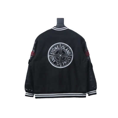EM Sneakers Stone Island Stitching PU Leather and Cotton Baseball Jacket Black 02
