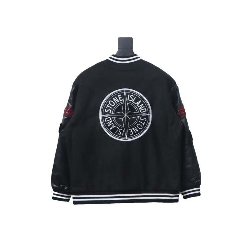 EM Sneakers Stone Island Stitching PU Leather and Cotton Baseball Jacket Black