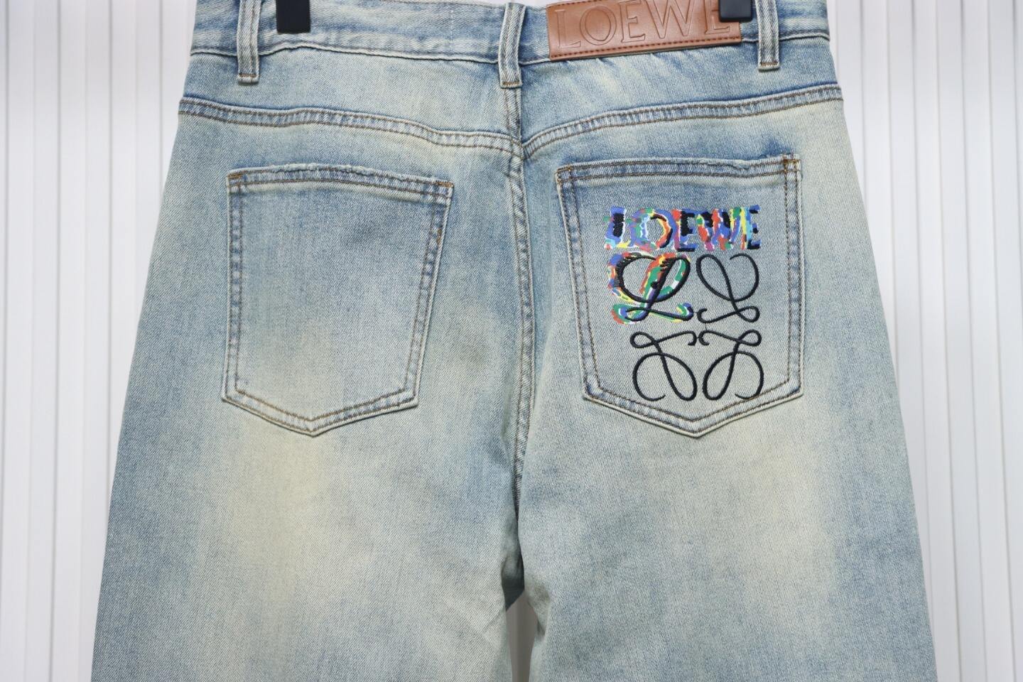 EM Sneakers Loewe Glitch Style Embroidered Logo Jeans Light Blue