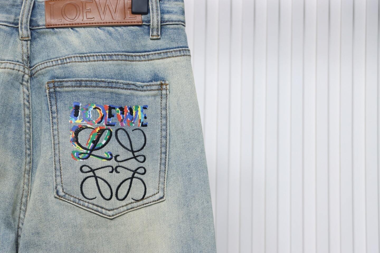 EM Sneakers Loewe Glitch Style Embroidered Logo Jeans Light Blue