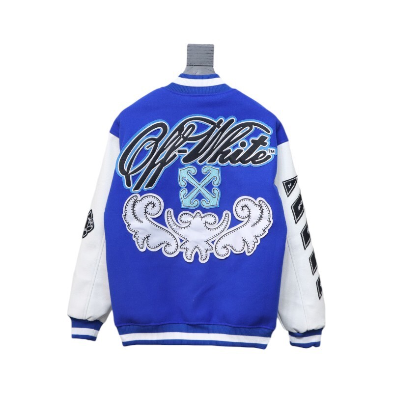 EM Sneakers Off-White Blue and White Patch Baseball Jacket