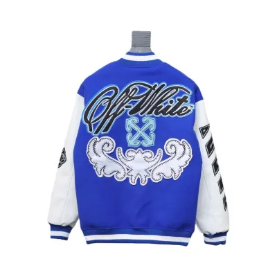 EM Sneakers Off-White Blue and White Patch Baseball Jacket 02