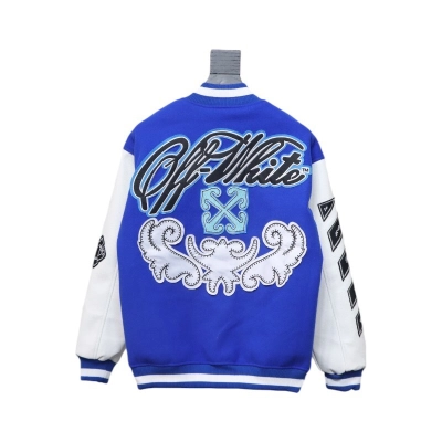 EM Sneakers Off-White Blue and White Patch Baseball Jacket 02