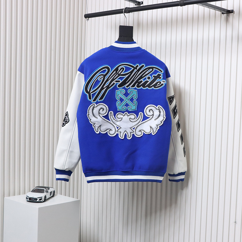 EM Sneakers Off-White Blue and White Patch Baseball Jacket