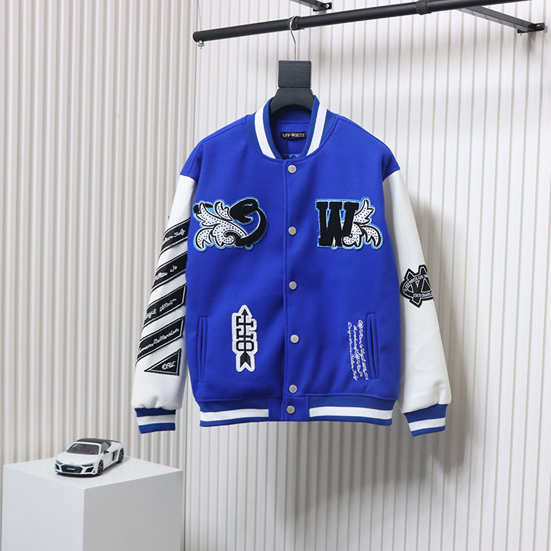 EM Sneakers Off-White Blue and White Patch Baseball Jacket