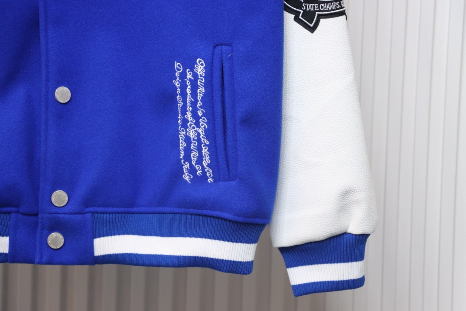 EM Sneakers Off-White Blue and White Patch Baseball Jacket