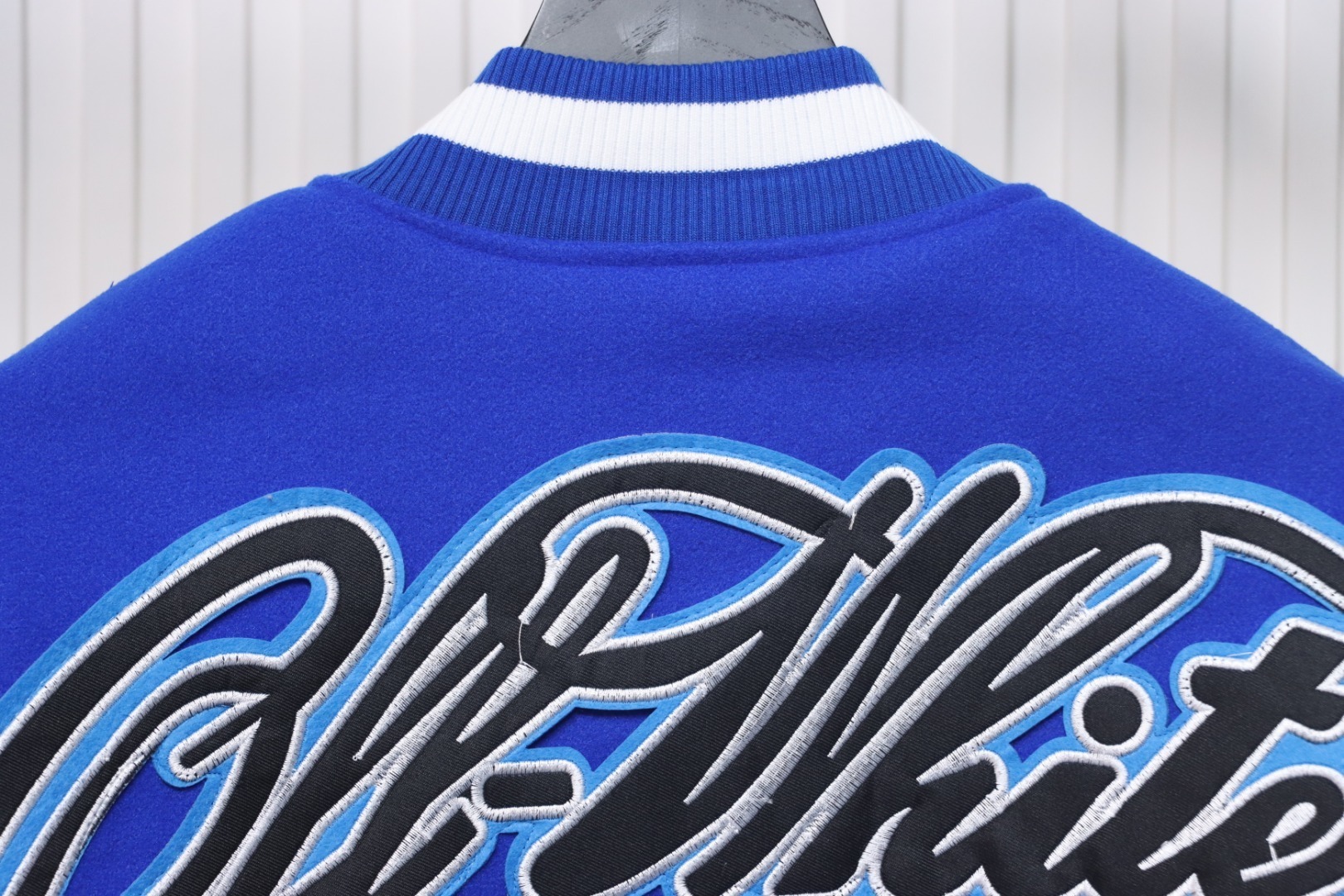 EM Sneakers Off-White Blue and White Patch Baseball Jacket