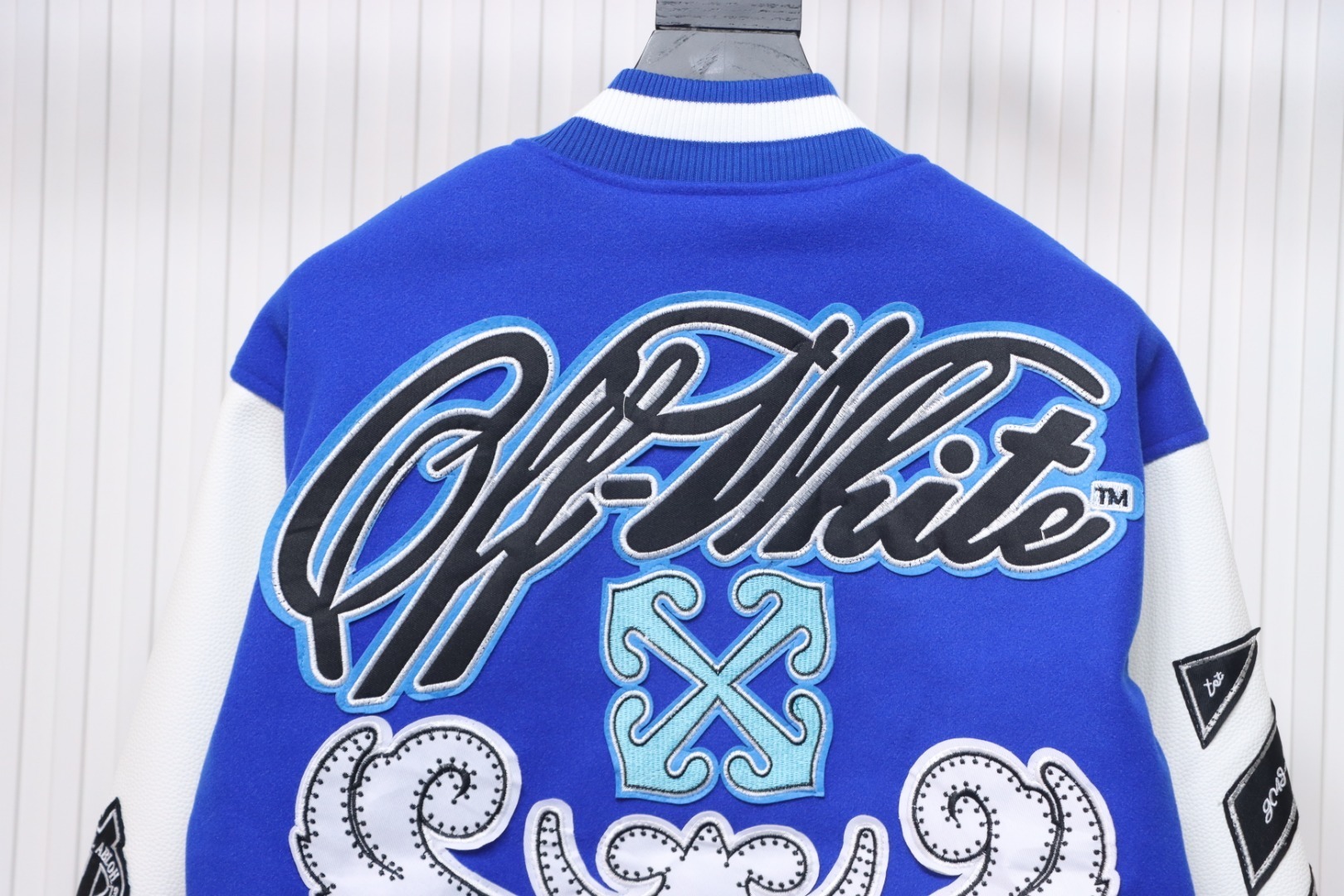 EM Sneakers Off-White Blue and White Patch Baseball Jacket