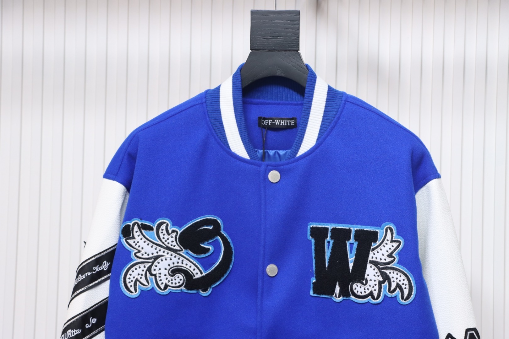 EM Sneakers Off-White Blue and White Patch Baseball Jacket