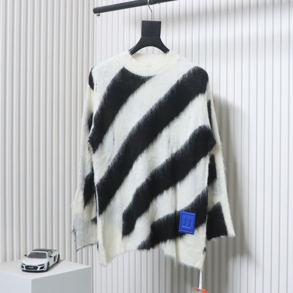 EM Sneakers Off-White OW Mohair Crew Neck Sweater Black and White