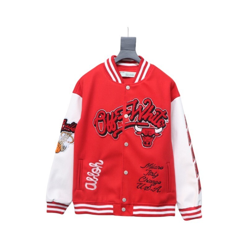 EM Sneakers Off-White Bulls Towel Embroidered Baseball Jacket Red and White