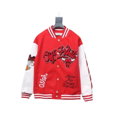 EM Sneakers Off-White Bulls Towel Embroidered Baseball Jacket Red and White 01