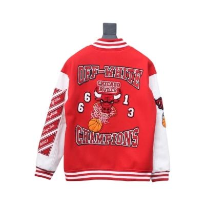 EM Sneakers Off-White Bulls Towel Embroidered Baseball Jacket Red and White 02