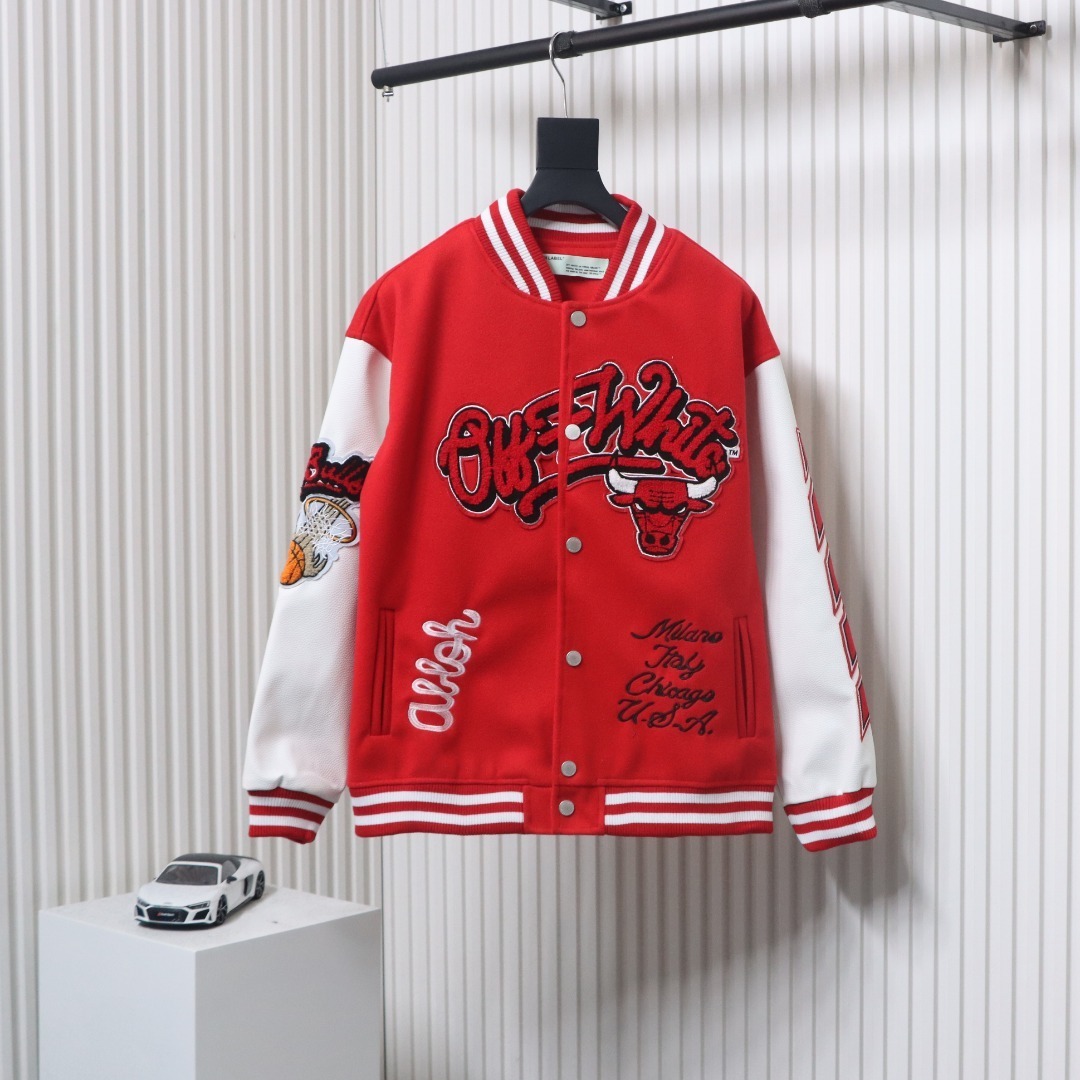 EM Sneakers Off-White Bulls Towel Embroidered Baseball Jacket Red and White