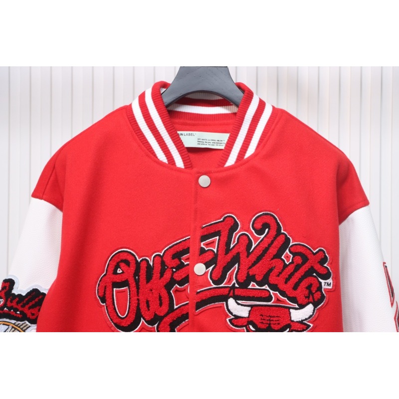 EM Sneakers Off-White Bulls Towel Embroidered Baseball Jacket Red and White