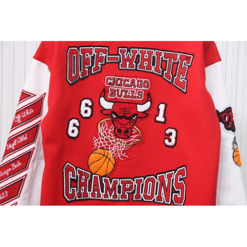 EM Sneakers Off-White Bulls Towel Embroidered Baseball Jacket Red and White