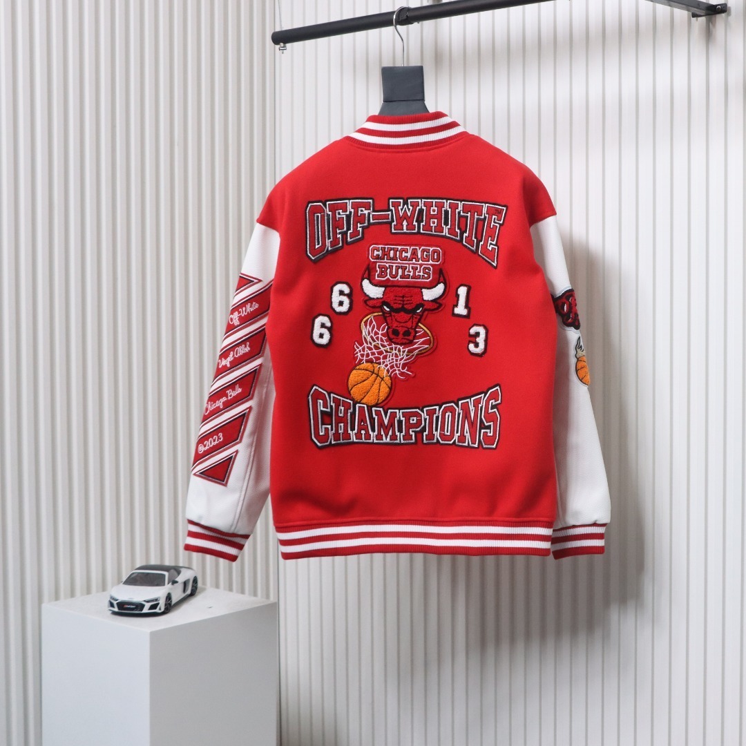 EM Sneakers Off-White Bulls Towel Embroidered Baseball Jacket Red and White