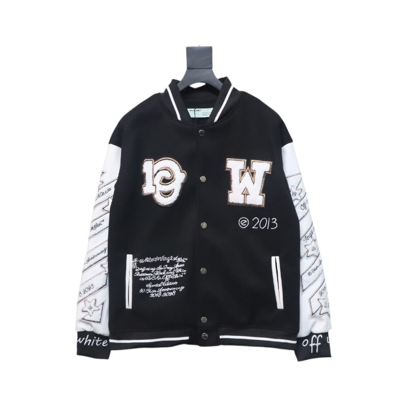 EM Sneakers Off-White Leather Sleeve Five-Pointed Star Baseball Jacket Black and White