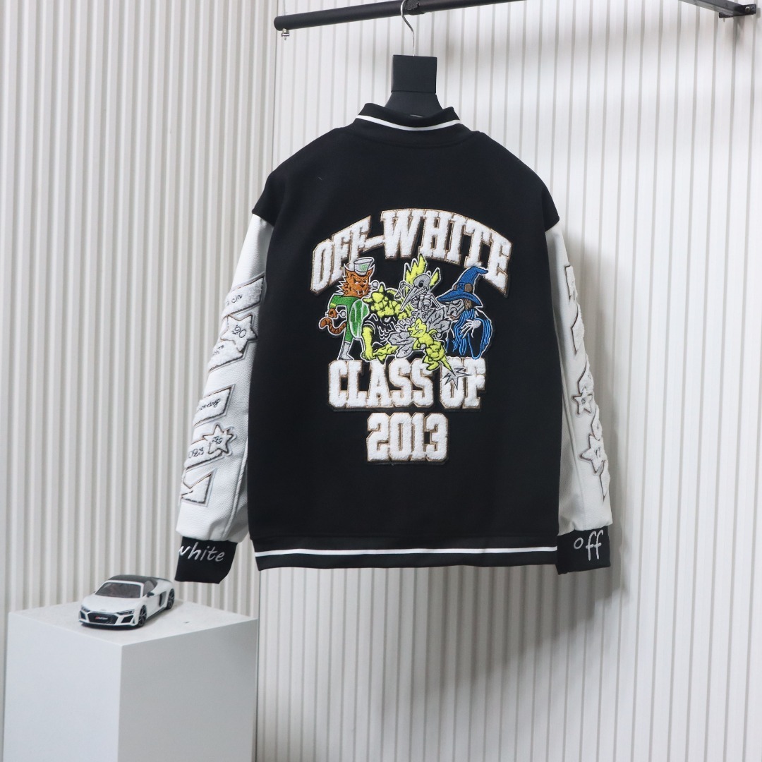 EM Sneakers Off-White Leather Sleeve Five-Pointed Star Baseball Jacket Black and White