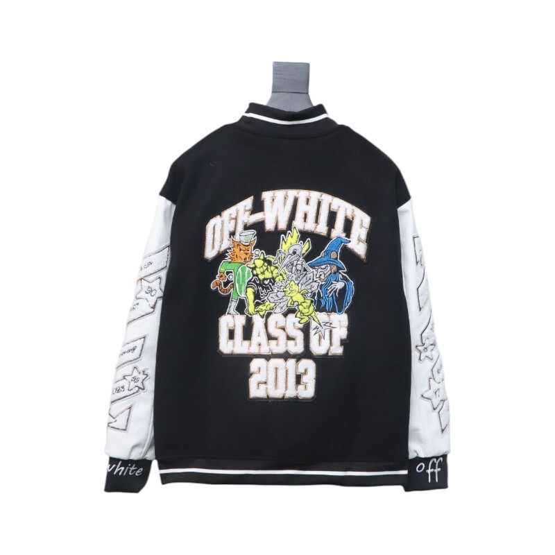 EM Sneakers Off-White Leather Sleeve Five-Pointed Star Baseball Jacket Black and White