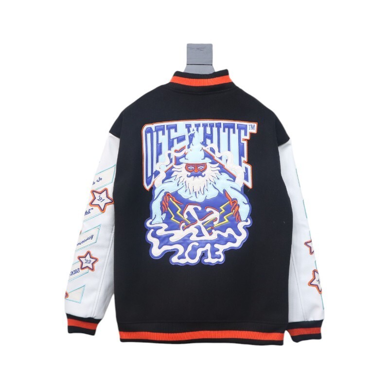 EM Sneakers Off-White Leather Sleeve Five-Pointed Star Baseball Jacket Black and White and Red