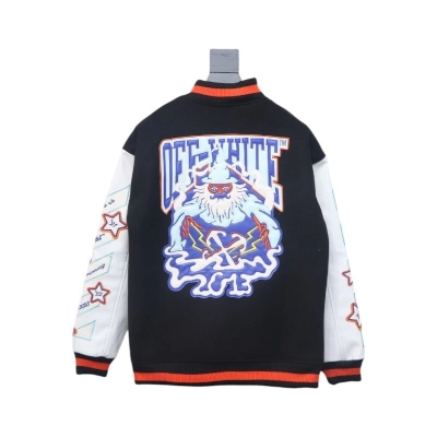 EM Sneakers Off-White Leather Sleeve Five-Pointed Star Baseball Jacket Black and White and Red 02