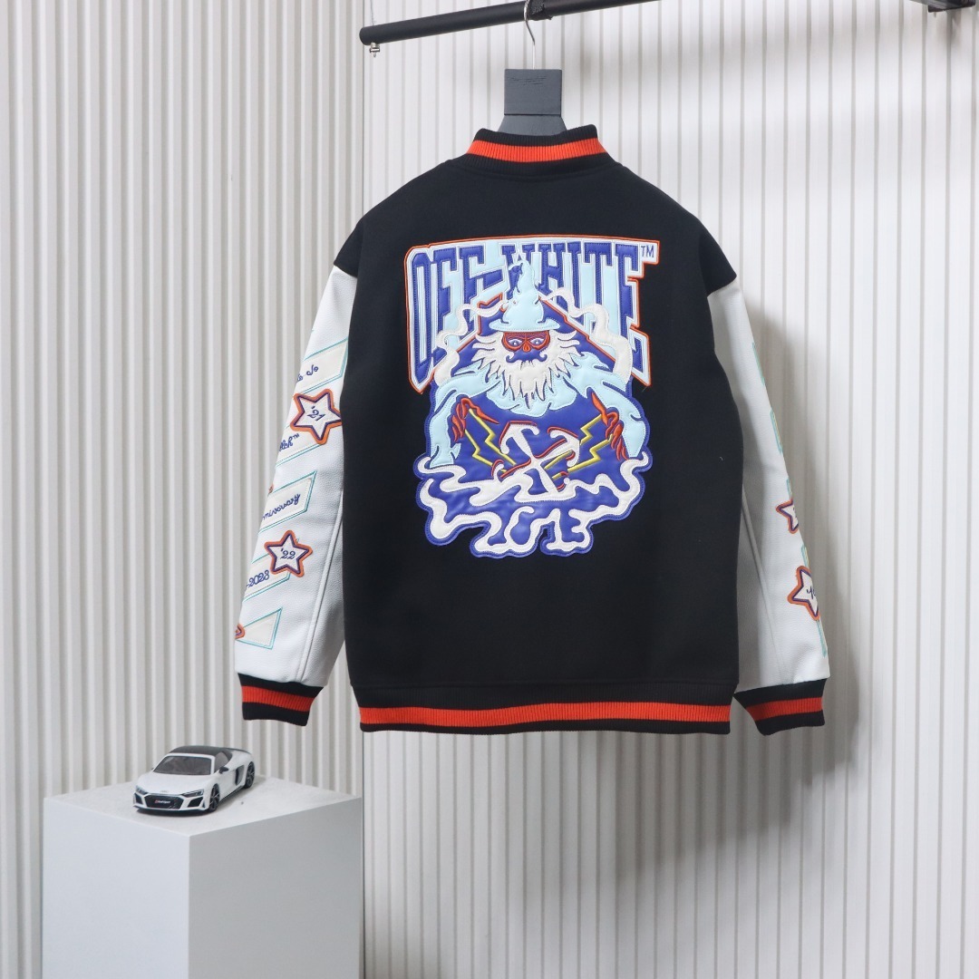 EM Sneakers Off-White Leather Sleeve Five-Pointed Star Baseball Jacket Black and White and Red