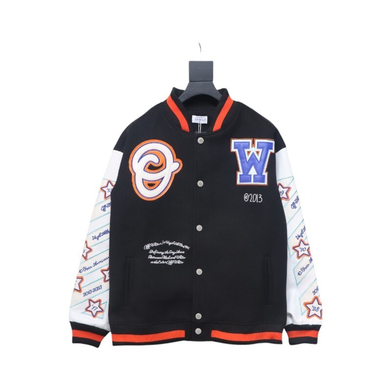 EM Sneakers Off-White Leather Sleeve Five-Pointed Star Baseball Jacket Black and White and Red