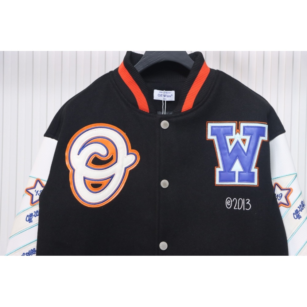 EM Sneakers Off-White Leather Sleeve Five-Pointed Star Baseball Jacket Black and White and Red